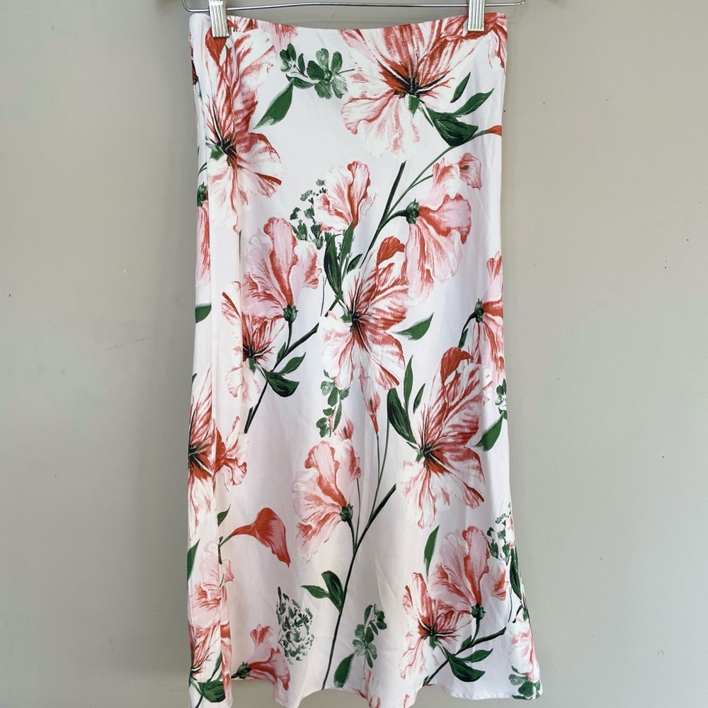 Anthropologie Floral Midi Slip Skirt - Pearly White and Pink